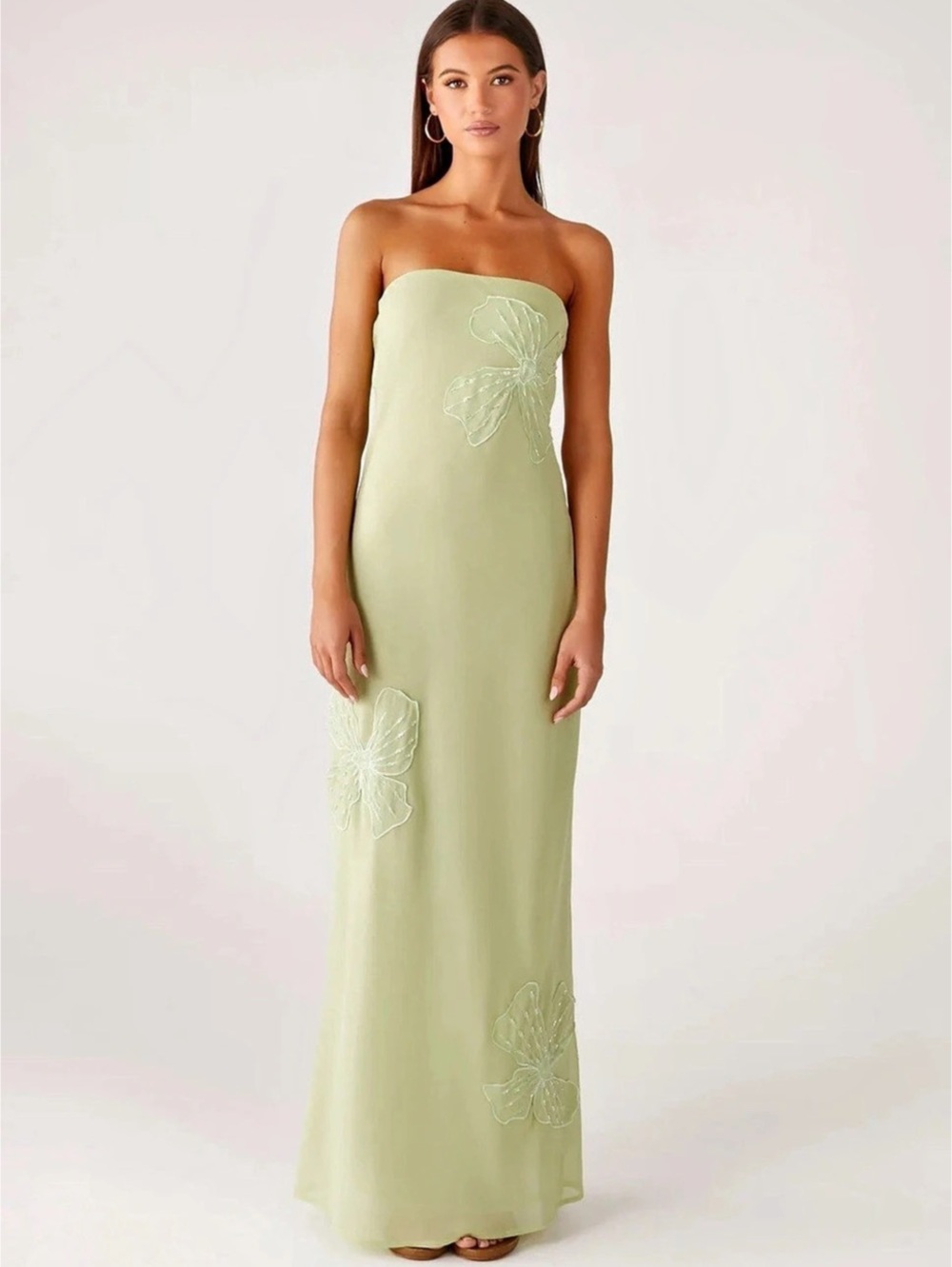Peppermayo The Sassafras Beaded Flower Strapless Maxi Dress Green